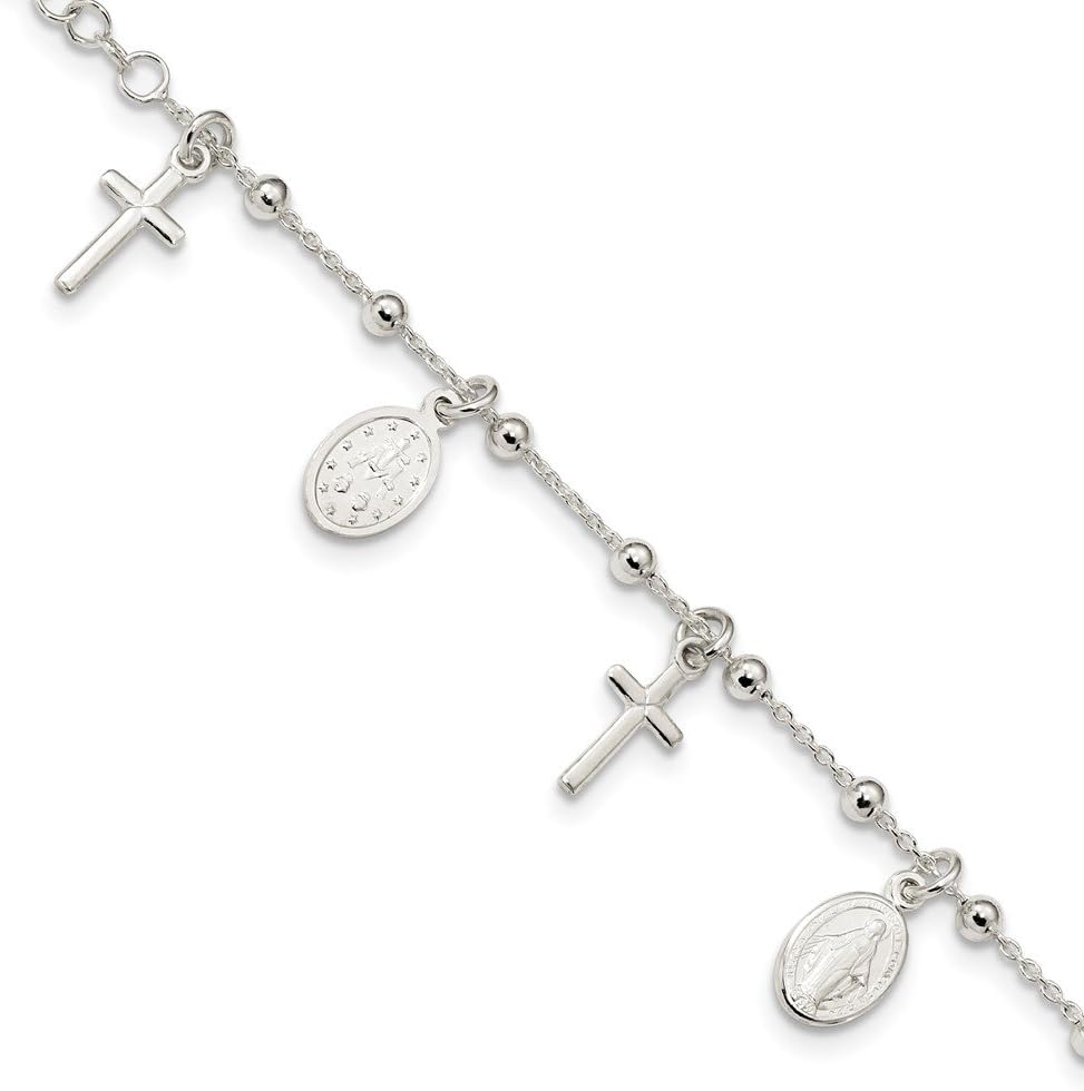 Solid 925 Sterling Silver Polished 1In Ext Cross and Miraculous Medal Bracelet