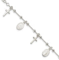 Solid 925 Sterling Silver Polished 1In Ext Cross and Miraculous Medal Bracelet