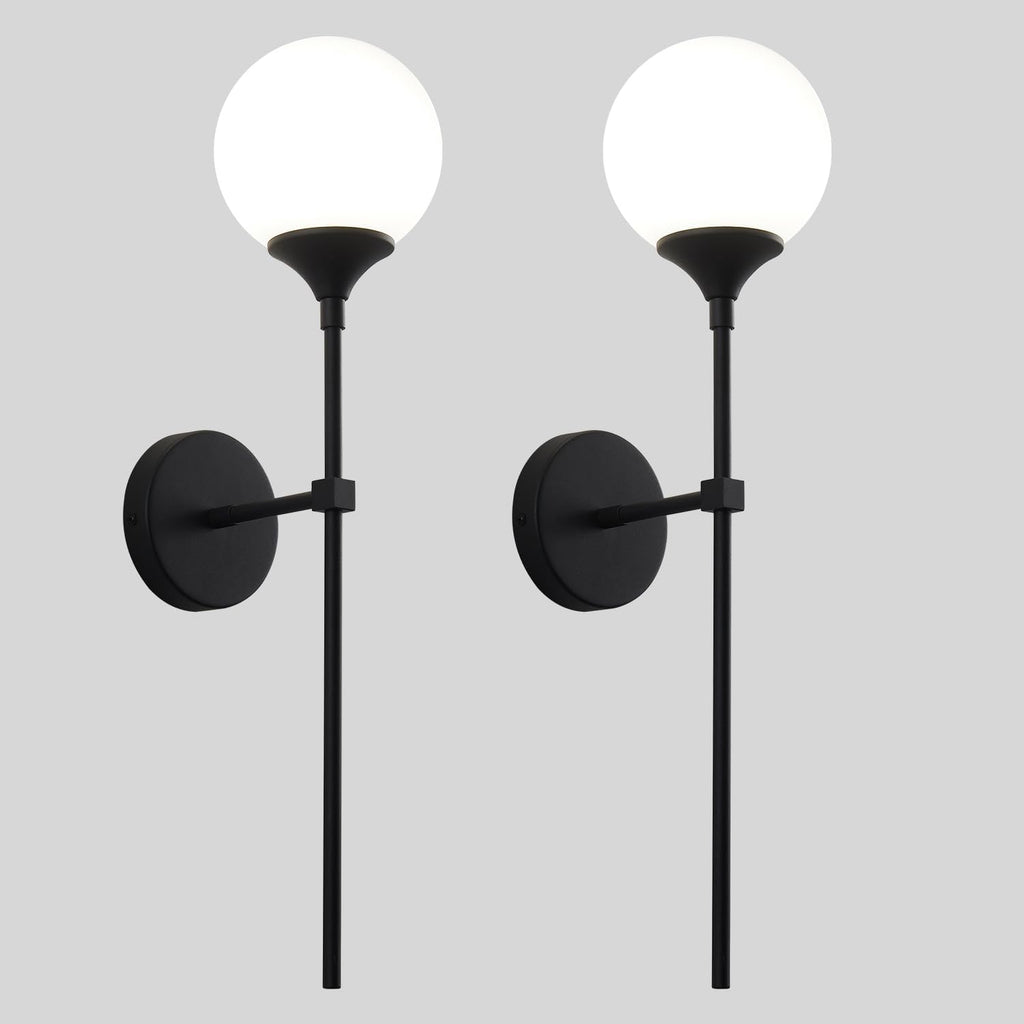 KCO Lighting Farmhouse Matte Black Wall Sconce Set of 2 Vintage Milk White Glass Globe Wall Light Mid Century Modern Bathroom Vanity Light Set of Two Industrial Bar Wall Lamp