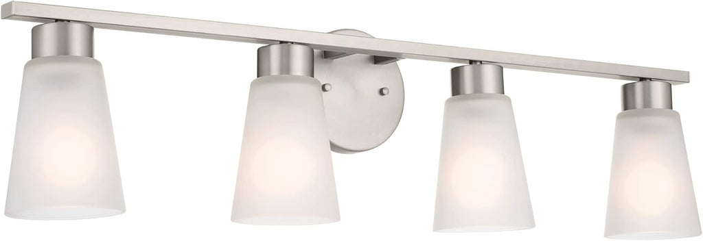 Kichler Stamos 4-Light Bathroom Vanity Light Fixture with Satin Etched Glass Shades, 26 in Modern Wall Light in Brushed Nickel for Bathroom Mirror (26 in x 8 in x 5 in), 55122NI