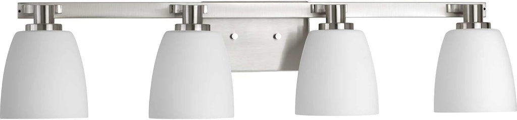 Progress Lighting 4 Light Bathroom Vanity Light, Coastal Style Modern Bath Lighting Fixture with Etched White Glass Shade for Over the Mirror, Reversible Mounting, Fleet Collection, Polished Chrome
