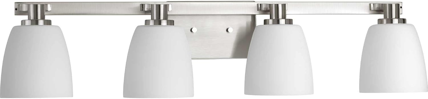 Progress Lighting 4 Light Bathroom Vanity Light, Coastal Style Modern Bath Lighting Fixture with Etched White Glass Shade for Over the Mirror, Reversible Mounting, Fleet Collection, Polished Chrome