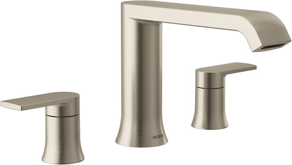 Moen Genta LX Two-Handle Deck Mounted Roman Tub Faucet, Widespread Modern Bathtub Set for Soaking Tub, Valve Required, Brushed Nickel, T908BN