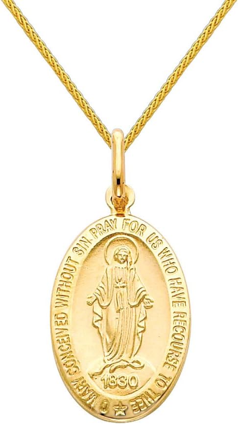 The World Jewelry Center 14k Yellow Gold Religious Miraculous Mary Medal Pendant with 0.9mm Braided Wheat Chain Necklace