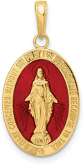 14K Yellow Gold Red Enameled Miraculous Medal Charm Pendant (L- 28.23 mm, W- 14.22 mm)