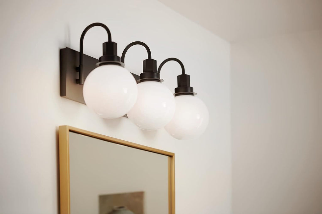 Kichler Hex 3-Light Bathroom Vanity Light Fixture, Modern Black Wall Light with Opal Glass Shades, Up or Down Install, Damp Rated for Mirror Lighting (22.75 x 10.25 in), 55151BK