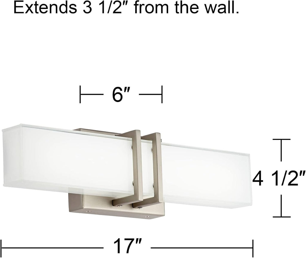 Possini Euro Design Exeter Modern Art Deco Wall Mount Light LED Brushed Nickel Silver Metal 17' Wide Vanity Fixture Rectangular Silk Screened Glass Shade Decor for Bathroom Over Mirror House Home