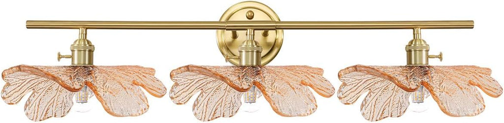 3 Light Bathroom Vanity Lighting, Gold Brass Wall Mount Light with Amber Flower Petal Glass Shade, Mid Century Vanity Lights Over Mirror for Living Room Hallway