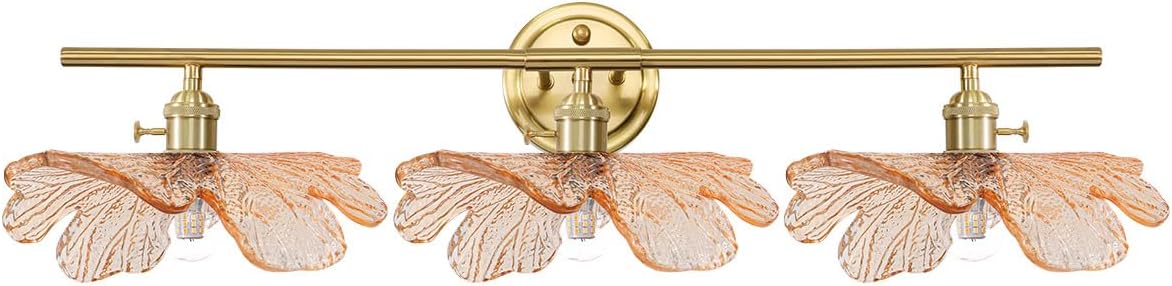 3 Light Bathroom Vanity Lighting, Gold Brass Wall Mount Light with Amber Flower Petal Glass Shade, Mid Century Vanity Lights Over Mirror for Living Room Hallway