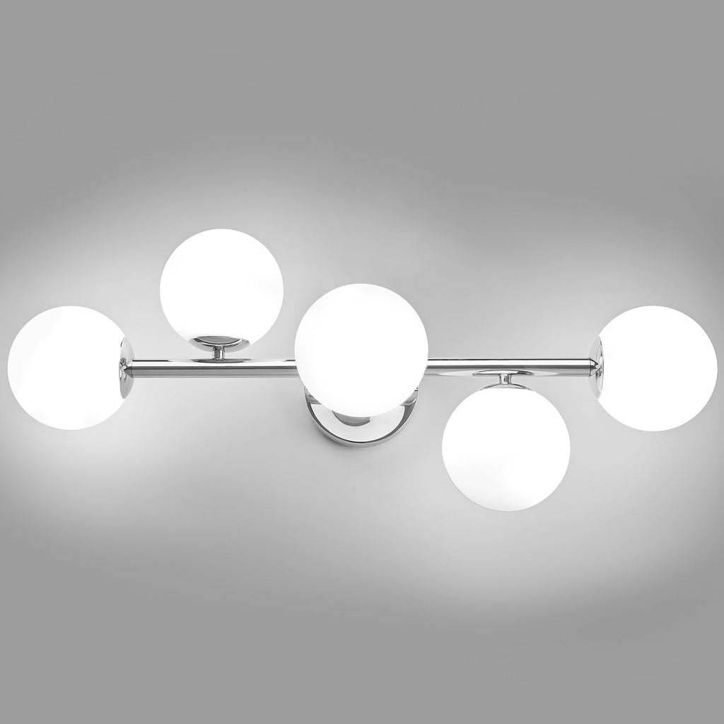 Bathroom Vanity Lights, Mid Century Modern 5-Light Bathroom Light Fixtures, Chrome Bathroom Lights Ceiling Light, Wall Sconces Wall Mount Light Fixtures with Milk Globe Glass, Chrome Finish, G9 Base