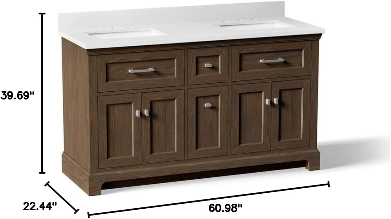 Kohler 29263-BD1-DAK Charlemont 60 in. Bathroom Vanity Cabinet with Sinks and Quartz top, Draper Oak