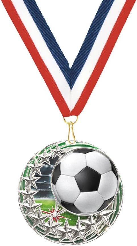Wilson Trophy 2.25' Star Blast Silver Soccer Medal with Custom Engraving - Includes Patriotic Neck Ribbon - Ideal for Team, League, and Season Awards