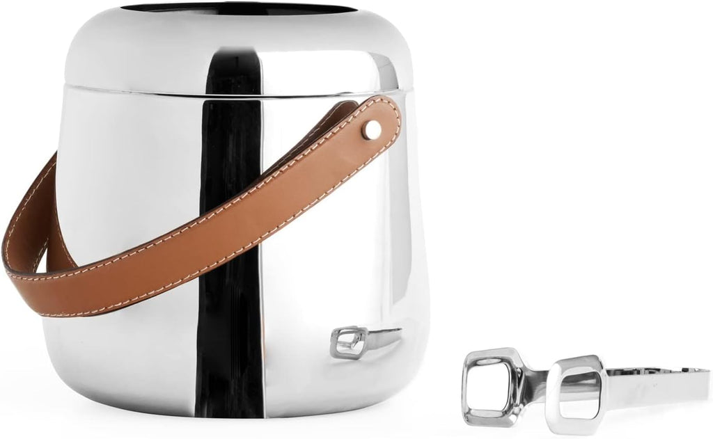 Nambe Tahoe Ice Bucket with Tongs – 6.5' Stainless Steel & Genuine Leather Bar Accessory for Beverage Chilling, Cocktail Service & Home Entertaining, Modern Designer Tabletop Barware