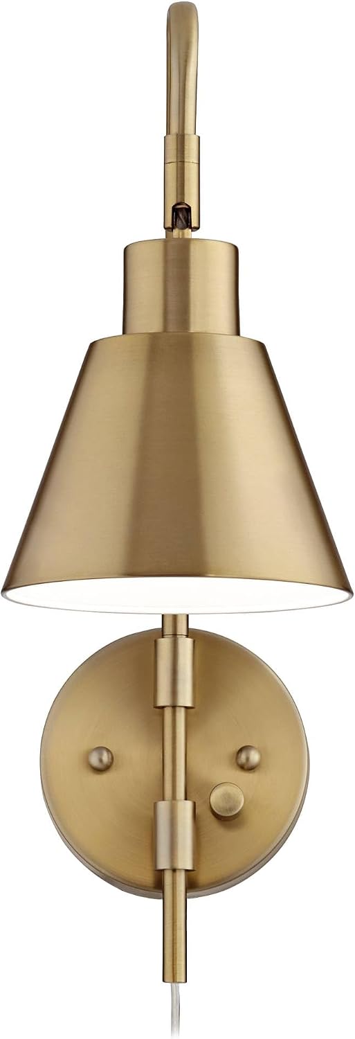 360 Lighting Marybel Modern Adjustable Swing Arm Wall Lamps Set of 2 Brass Gold Plug-in Light Fixture Tapered Cone Metal Shade for Bedroom Bedside House Reading Living Room Home Hallway