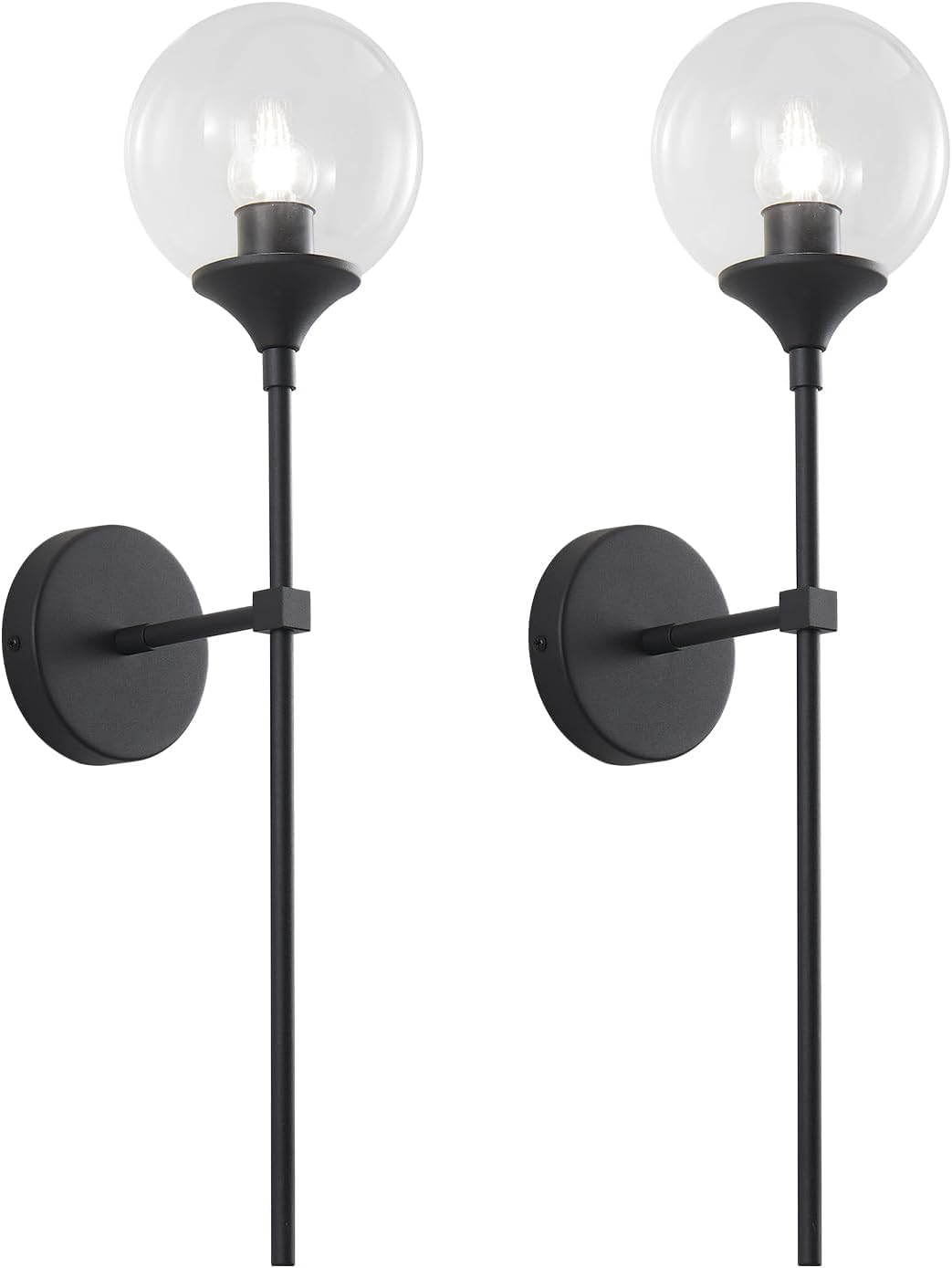 KCO Lighting Matte Black Industrial Wall Sconces Set of Two 1-Light Mid Century Bathroom Wall Mounted Light Sconce Modern Clear Bubble Glass Globe Wall Sconce Lamp Set of 2