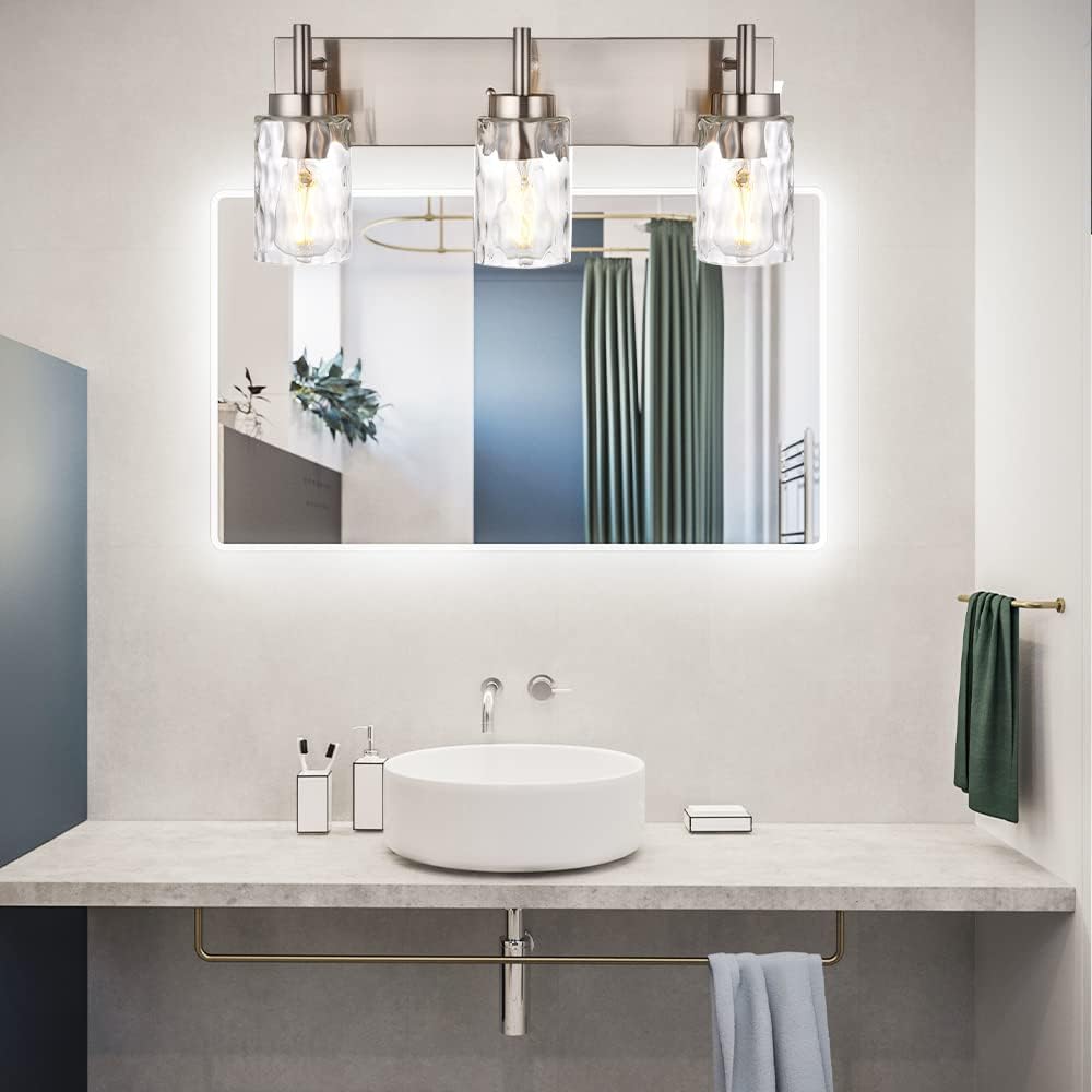BONLICHT Brushed Nickel Vanity Light Modern 3 Light Bathroom Lighting Fixture Over Mirror with Clear Hammered Glass Shade, Industrial Indoor Farmhouse Wall Mounted Lamp for Powder Room Kitchen Hallway