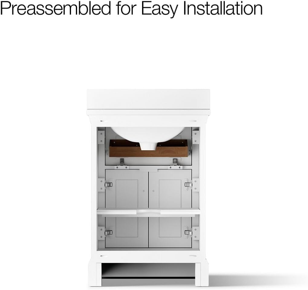 Kohler Charlemont 24' Bathroom Vanity Cabinet with White Sink and Quartz Top, Modern Bathroom Storage, White, K-29259-BD1-0