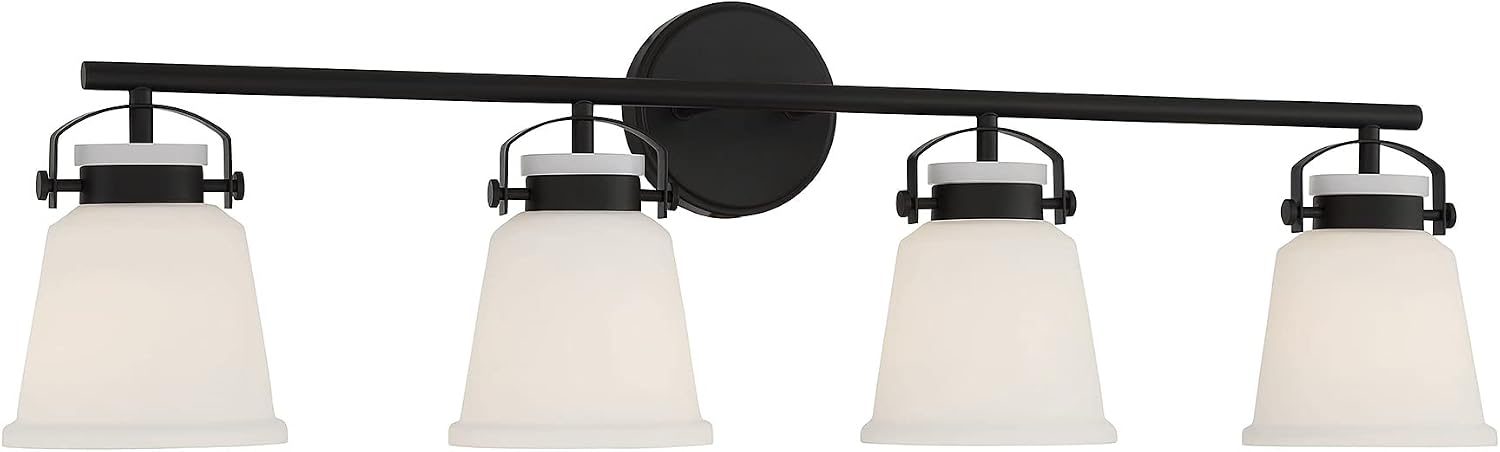 Savoy House 8-1627-4-BK Kaden Industrial Traditional White Opal Glass Bathroom Vanity Wall Light, 4-Light 240 Total Watts, 11' H x 34' W, Matte Black