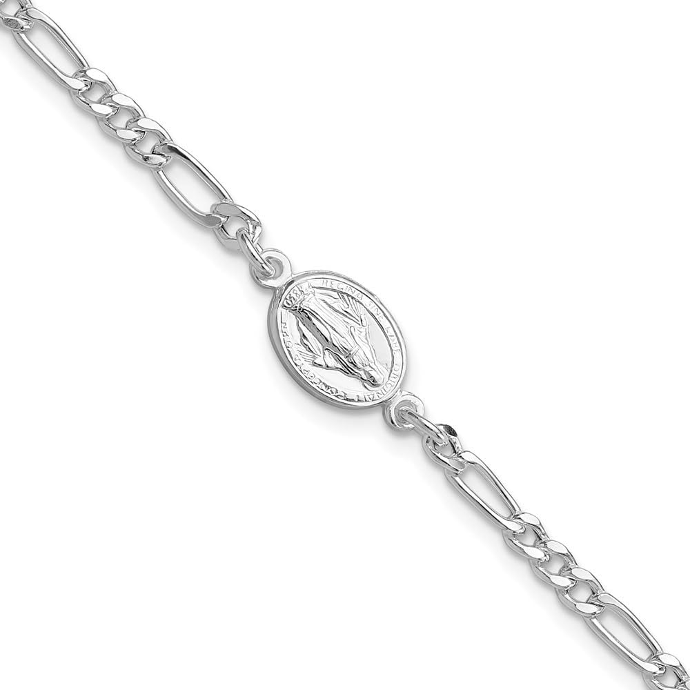 925 Sterling Silver Rhodium-plated Miraculous Medal with 1'' ext. Figaro Chain Bracelet for Women 8.25'', White, AFJ-QG-QG6560-7.25-MP