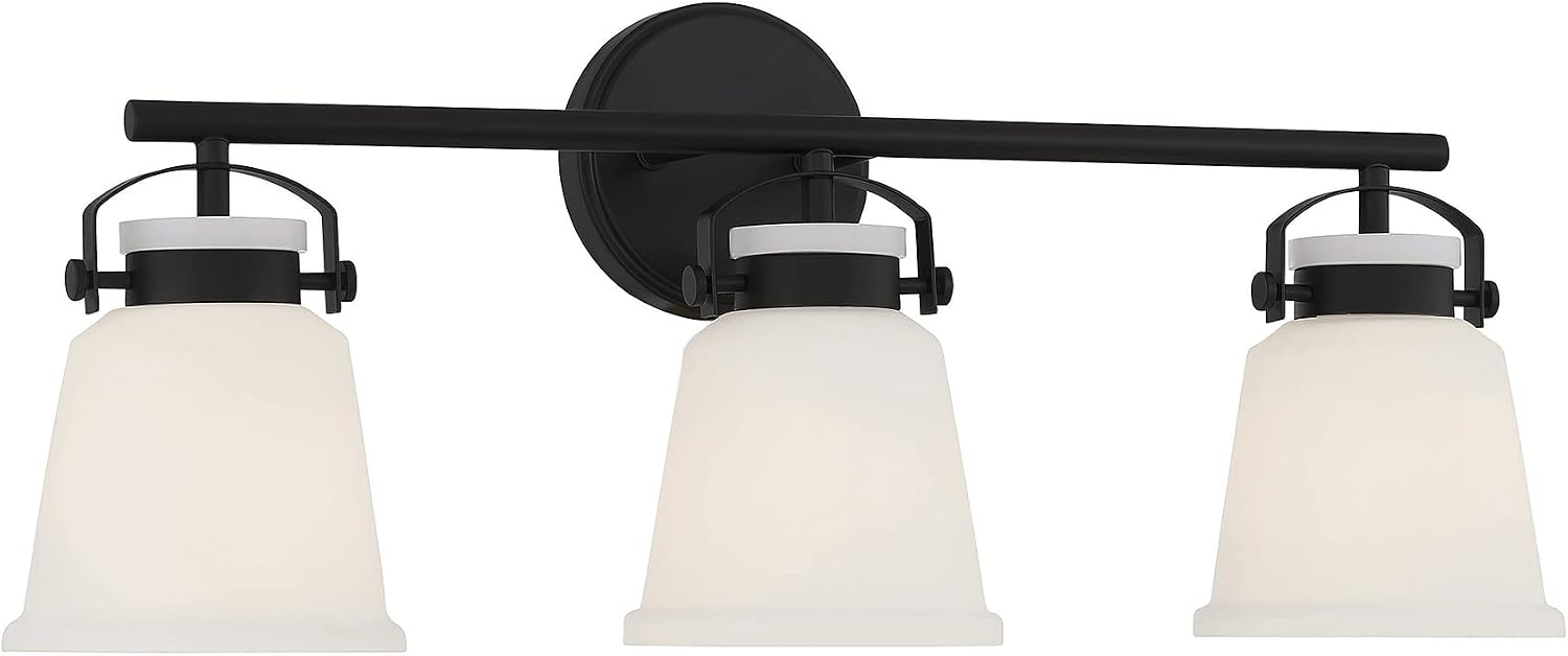 Savoy House 8-1627-3-BK Kaden Industrial Traditional White Opal Glass Bathroom Vanity Wall Light, 3-Light 180 Total Watts, 11' H x 26' W, Matte Black