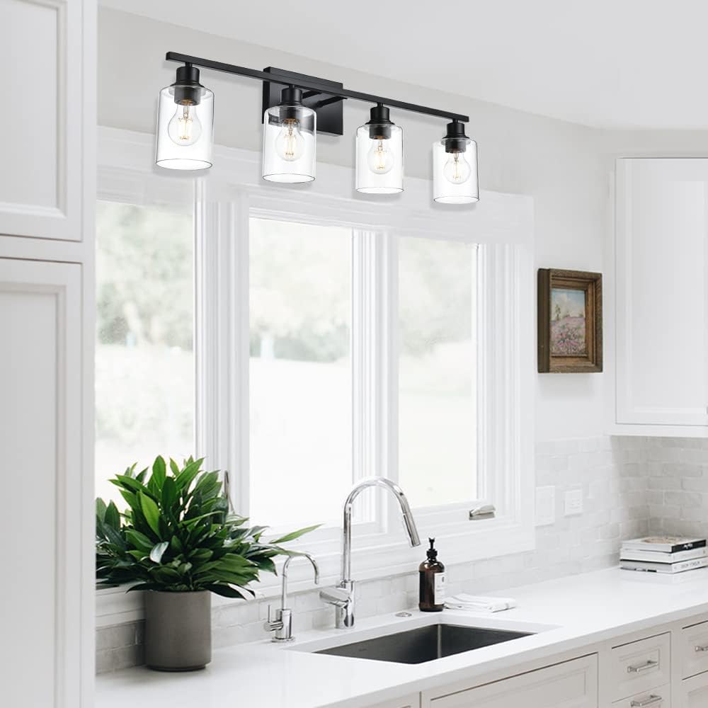 4-Light Modern Bathroom Lighting Fixtures, 31' Matte Black Bathroom Vanity Lights with Clear Glass Shade, Anti-Rust Farmhouse Wall Sconces for Bedroom Cabinet Kitchen E26 Socket (Bulbs Not Included)