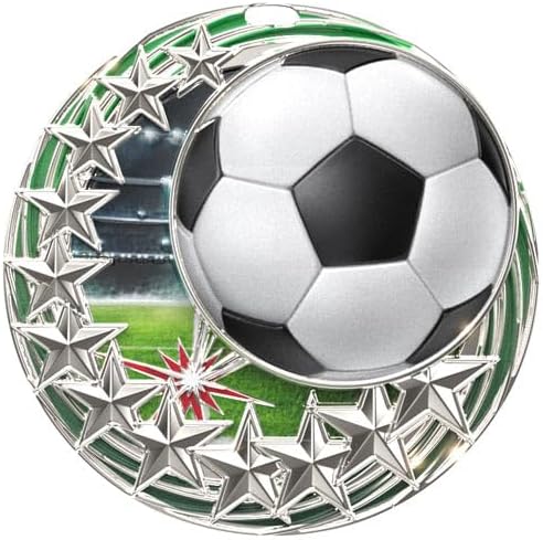 Wilson Trophy 2.25' Star Blast Silver Soccer Medal with Custom Engraving - Includes Patriotic Neck Ribbon - Ideal for Team, League, and Season Awards