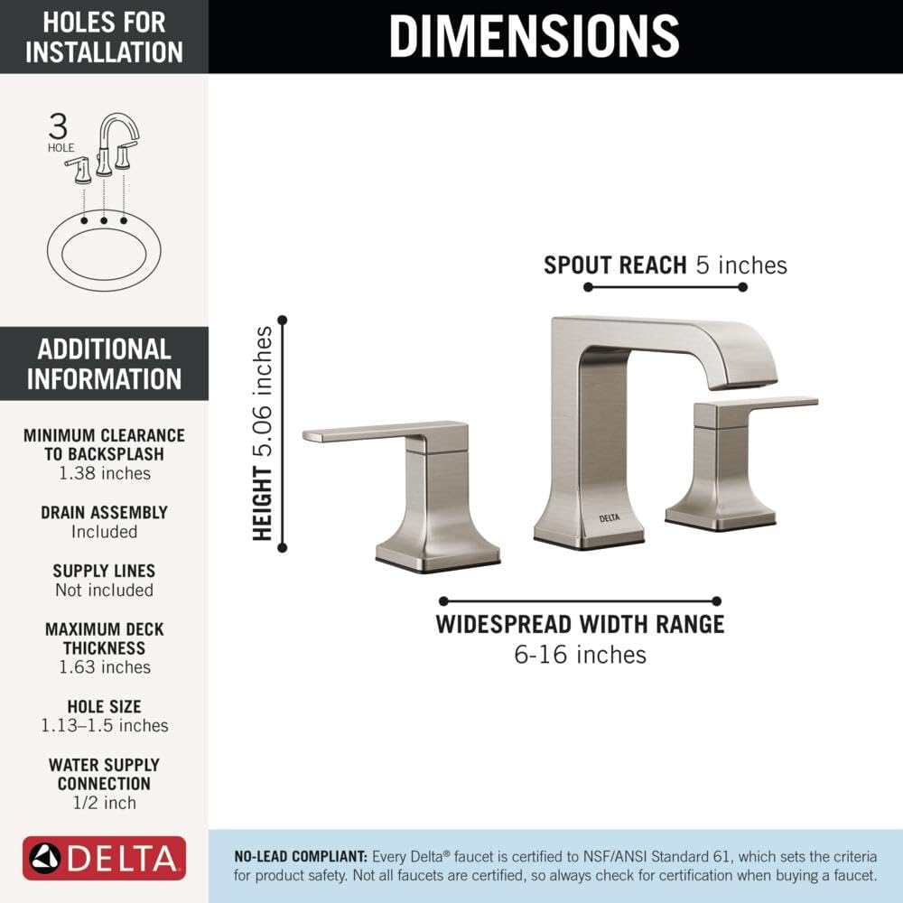 Delta Velum Brushed Nickel Bathroom Faucet 3 Hole, 8 Inch Widespread Bathroom Sink Faucet for Vanity, Metal Push-Pop Drain Assembly, Stainless 3539LF-SSMPU