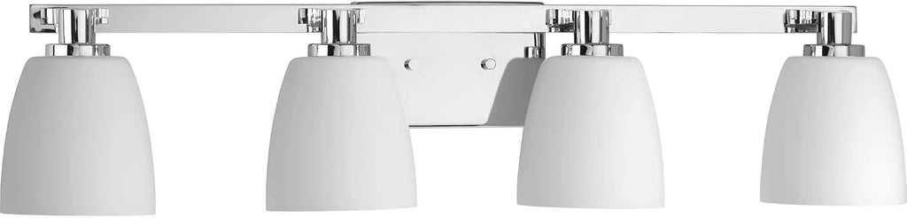 Progress Lighting 4 Light Bathroom Vanity Light, Coastal Style Modern Bath Lighting Fixture with Etched White Glass Shade for Over the Mirror, Reversible Mounting, Fleet Collection, Polished Chrome