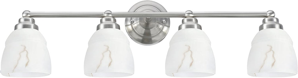 Aspen Creative Satin Nickel 62193-1, Four Metal Bathroom Vanity Wall Light Fixture, 4 3/4' Wide, Transitional Design Faux Alabaster Glass Shade