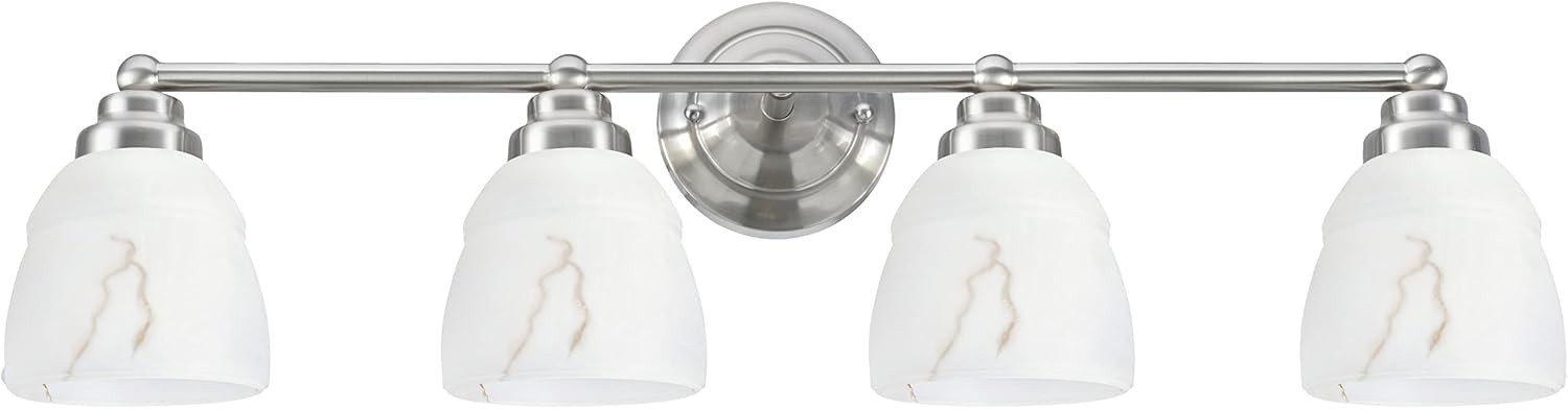 Aspen Creative Satin Nickel 62193-1, Four Metal Bathroom Vanity Wall Light Fixture, 4 3/4' Wide, Transitional Design Faux Alabaster Glass Shade