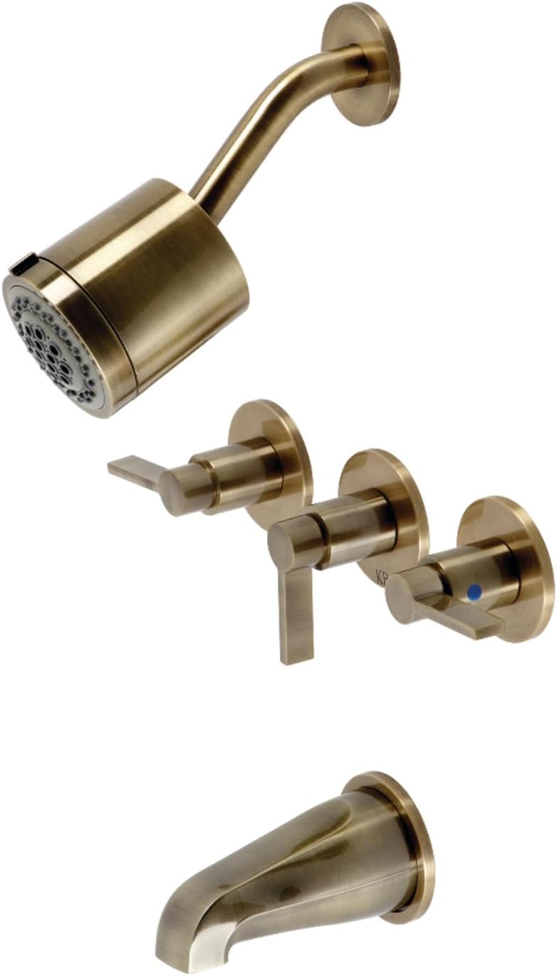 Kingston Brass KBX8133NDL NuvoFusion Triple-Handle Tub and Shower Faucet in Antique Brass