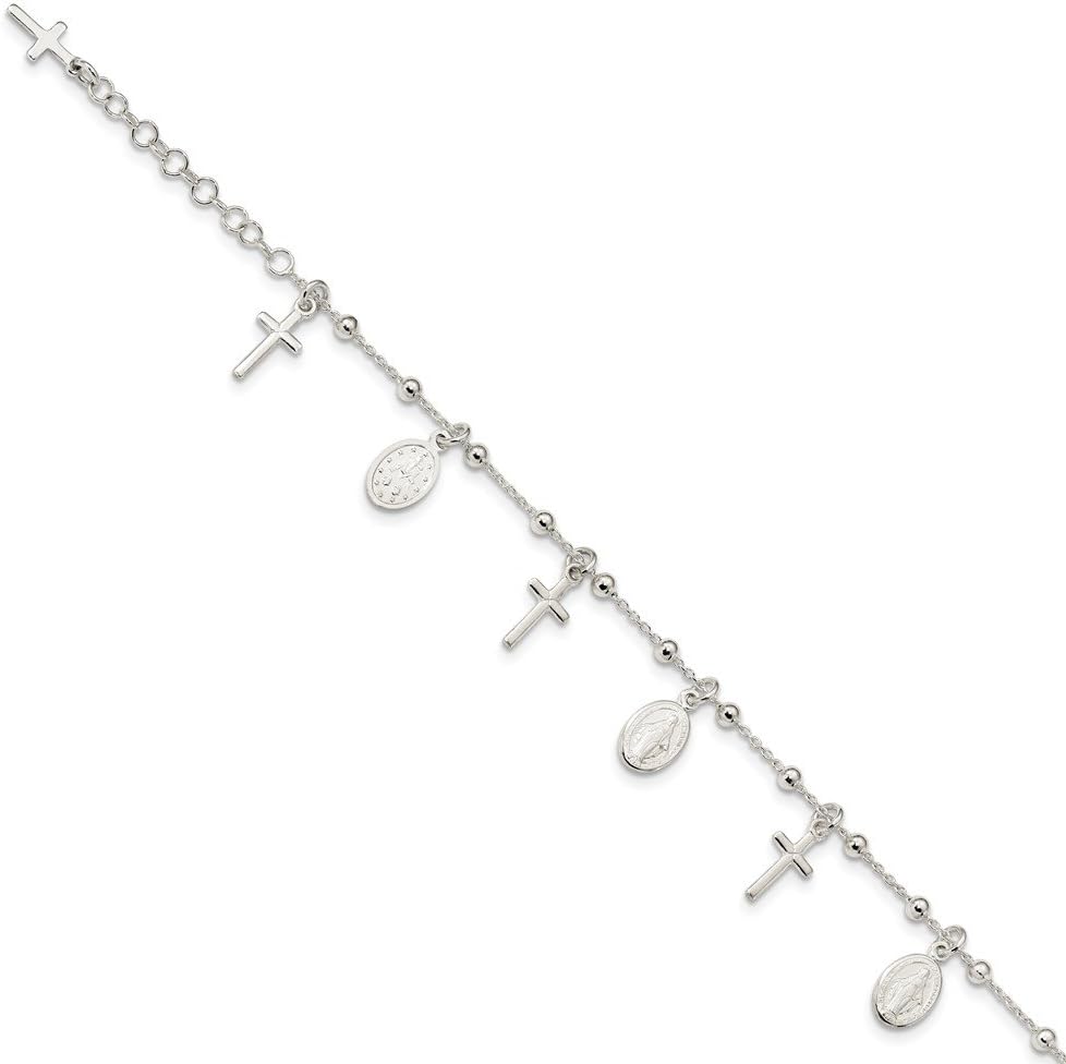 Solid 925 Sterling Silver Polished 1In Ext Cross and Miraculous Medal Bracelet
