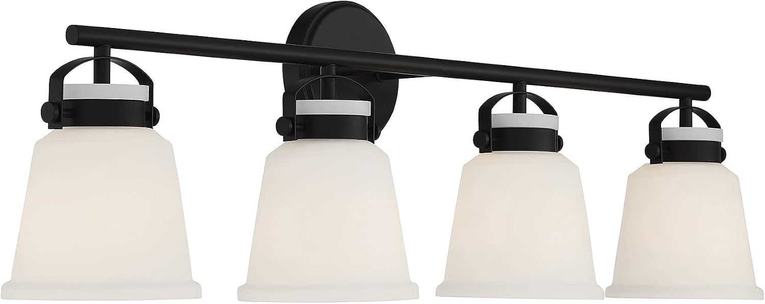 Savoy House 8-1627-4-BK Kaden Industrial Traditional White Opal Glass Bathroom Vanity Wall Light, 4-Light 240 Total Watts, 11' H x 34' W, Matte Black
