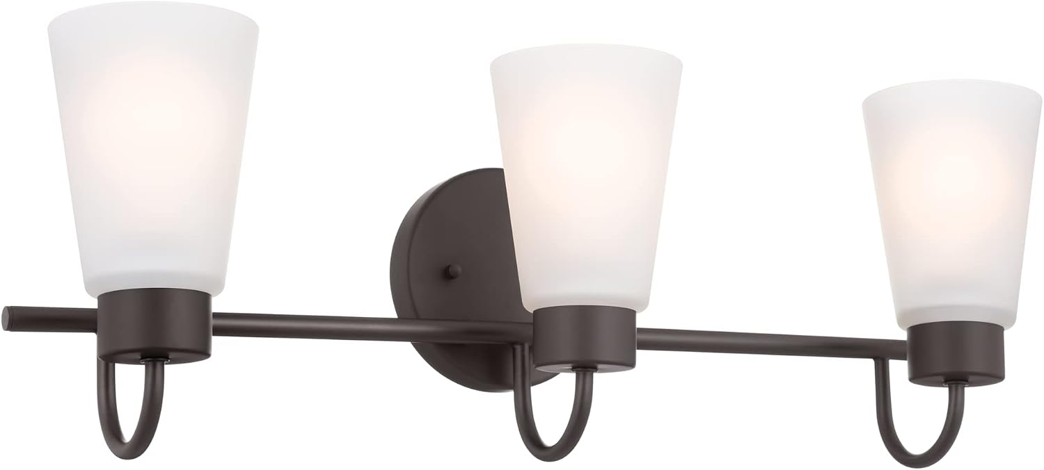 Kichler Erma 3-Light Bathroom Vanity Light Fixture with Satin Etched Glass Shades, Traditional Wall Mount Lighting over Mirror in Olde Bronze, 23 x 8.5 in, 45887NI