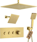 Brushed Gold Shower Faucet Set, Push Button Diverter Shower System, 12 Inch Ceiling Shower Head with 6 Inch Wall Mounted Shower Head and Handle Set, Include Shower Valve and Trim Kit