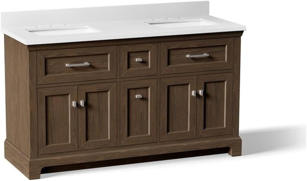 Kohler 29263-BD1-DAK Charlemont 60 in. Bathroom Vanity Cabinet with Sinks and Quartz top, Draper Oak