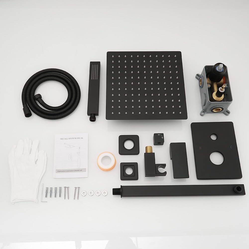 Matte Black Shower System 10 Inch Bathroom Luxury Rain Mixer Shower Combo Set Wall Mounted Rainfall Shower Head and Handheld System Shower Faucet Rough-in Valve Body and Trim Kit