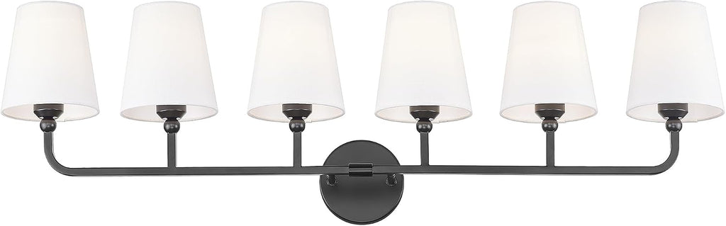 Bathroom Light Fixtures, 42 Inch Matte Black Vanity Lights with Flared White Fabric Shade, 6-Light Wall Sconce, Modern Sconces Wall Lighting for Hallway Bedroom, VL837-MB-6