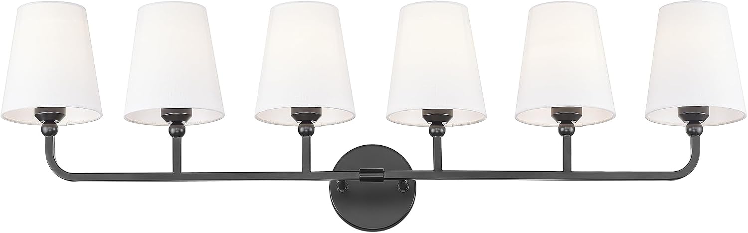 Bathroom Light Fixtures, 42 Inch Matte Black Vanity Lights with Flared White Fabric Shade, 6-Light Wall Sconce, Modern Sconces Wall Lighting for Hallway Bedroom, VL837-MB-6