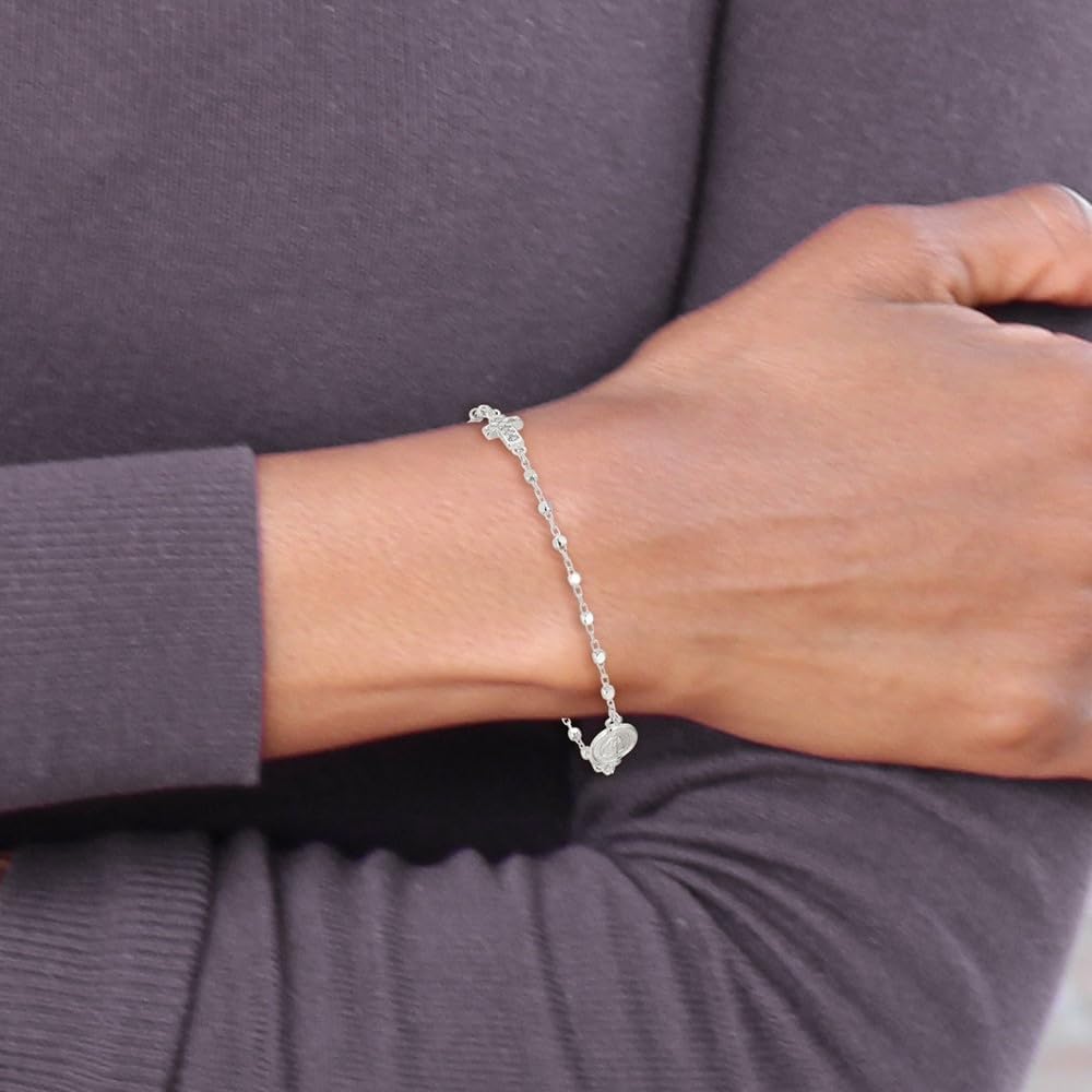 925 Sterling Silver Polished with Cubic zirconia Cross and Miraculous Medal Cable Chain Bracelet 7.5'