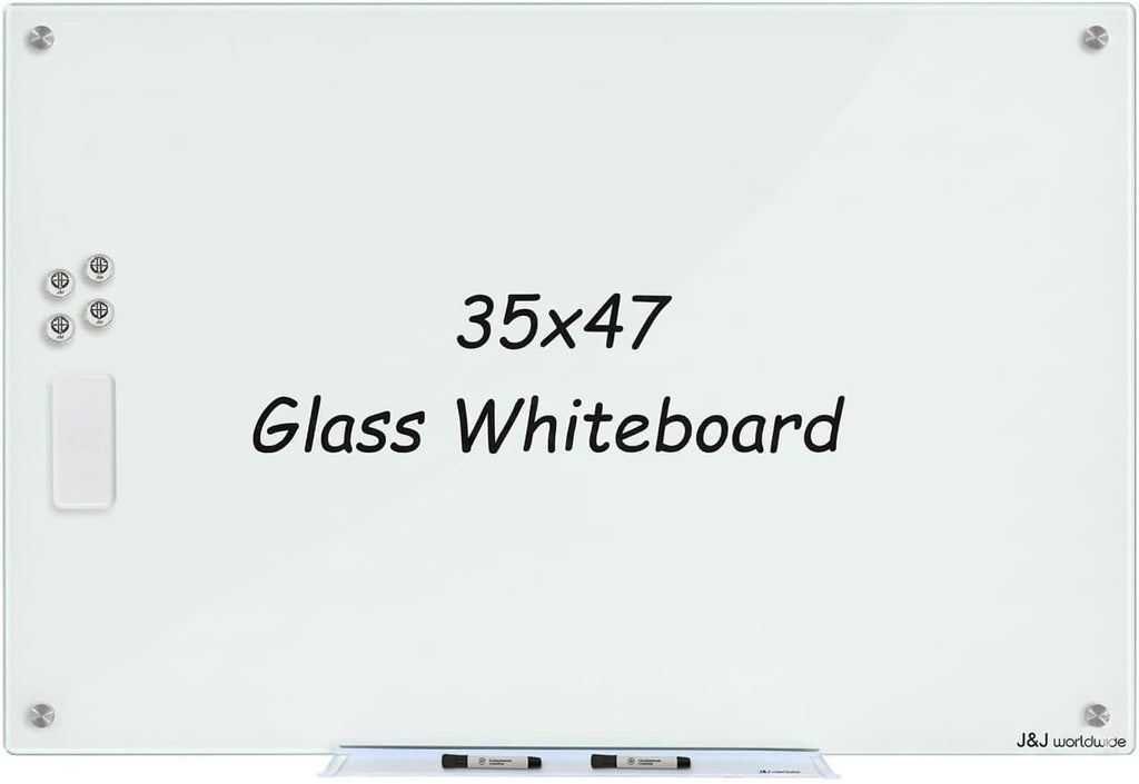 Magnetic Glass Whiteboard, Glass Dry Erase Board 4' x 3' White Surface, Glass White Board Frameless, Home School Supplies or Home Office Decor with Magnets, Markers, Eraser, Marker Tray