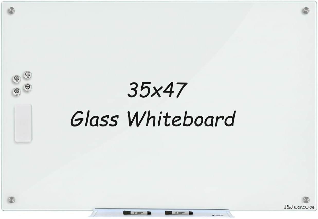 Magnetic Glass Whiteboard, Glass Dry Erase Board 4' x 3' White Surface, Glass White Board Frameless, Home School Supplies or Home Office Decor with Magnets, Markers, Eraser, Marker Tray