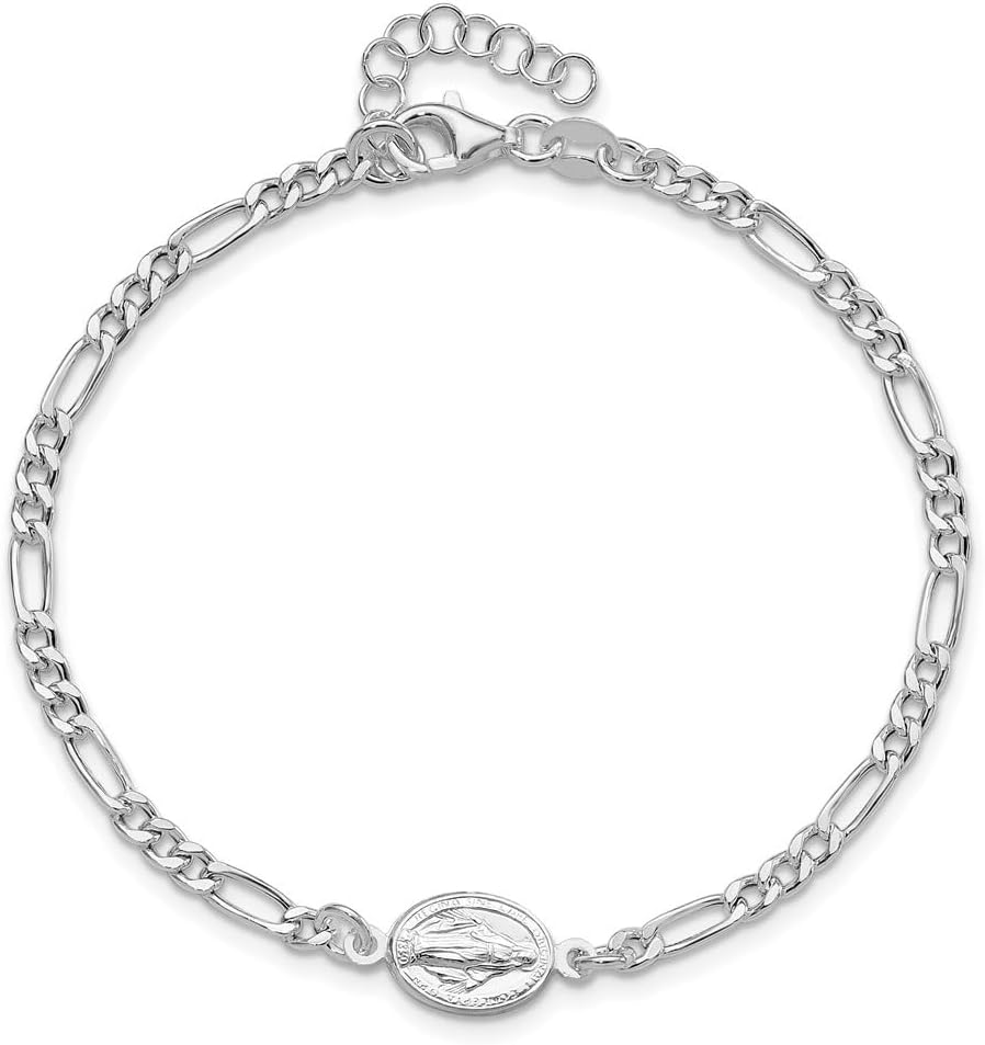 925 Sterling Silver Rhodium-plated Miraculous Medal with 1'' ext. Figaro Chain Bracelet for Women 8.25'', White, AFJ-QG-QG6560-7.25-MP