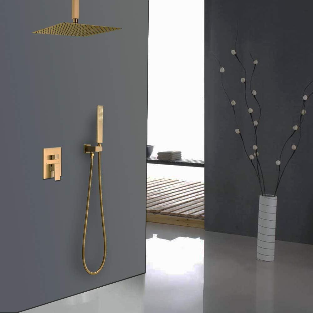 Iriber Brushed Gold Ceiling Mount Rain Shower System with 12 Inch Shower Head and Handheld Bathroom Golden Shower Set Contain Shower Faucet Mixer Trim Kit (Valve Cartridge Included)