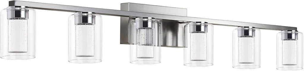 Brushed Nickel 6-Light Vanity Fixtures, Crystal Bubble Glass LED Sconces - Dimmable 3-Color (White/Neutral/Warm) for Bathroom, Hallway, Living Room