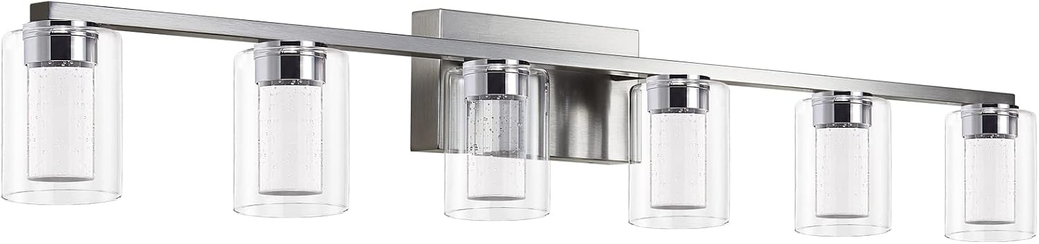 Brushed Nickel 6-Light Vanity Fixtures, Crystal Bubble Glass LED Sconces - Dimmable 3-Color (White/Neutral/Warm) for Bathroom, Hallway, Living Room