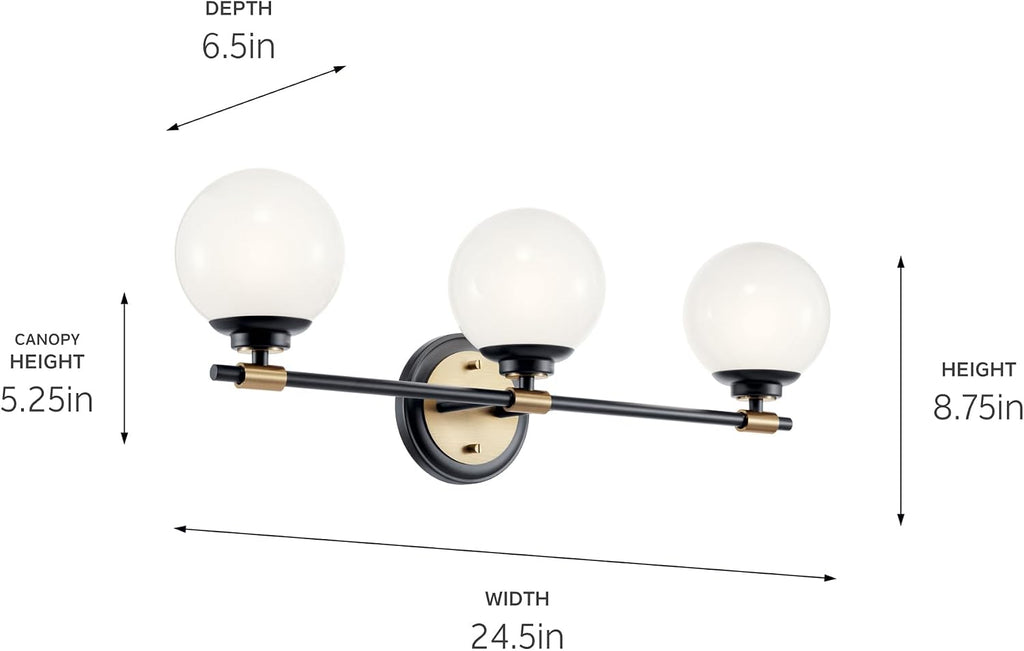 Kichler Benno 3-Light Bathroom Vanity Light Fixture with Opal Glass, Modern LED Lighting in Black and Champagne Bronze for Bathroom or Powder Room (8.75 x 24.5 in), 55172BKCPZ