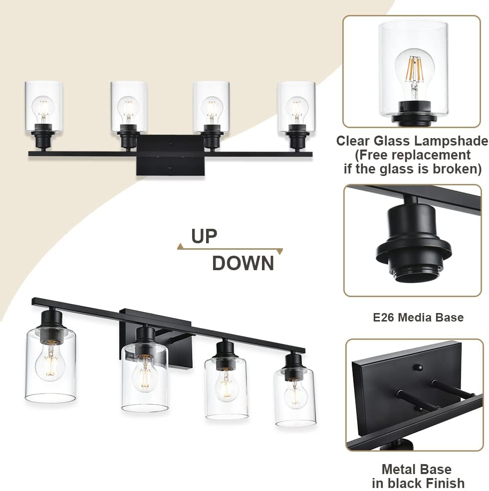 4-Light Modern Bathroom Lighting Fixtures, 31' Matte Black Bathroom Vanity Lights with Clear Glass Shade, Anti-Rust Farmhouse Wall Sconces for Bedroom Cabinet Kitchen E26 Socket (Bulbs Not Included)