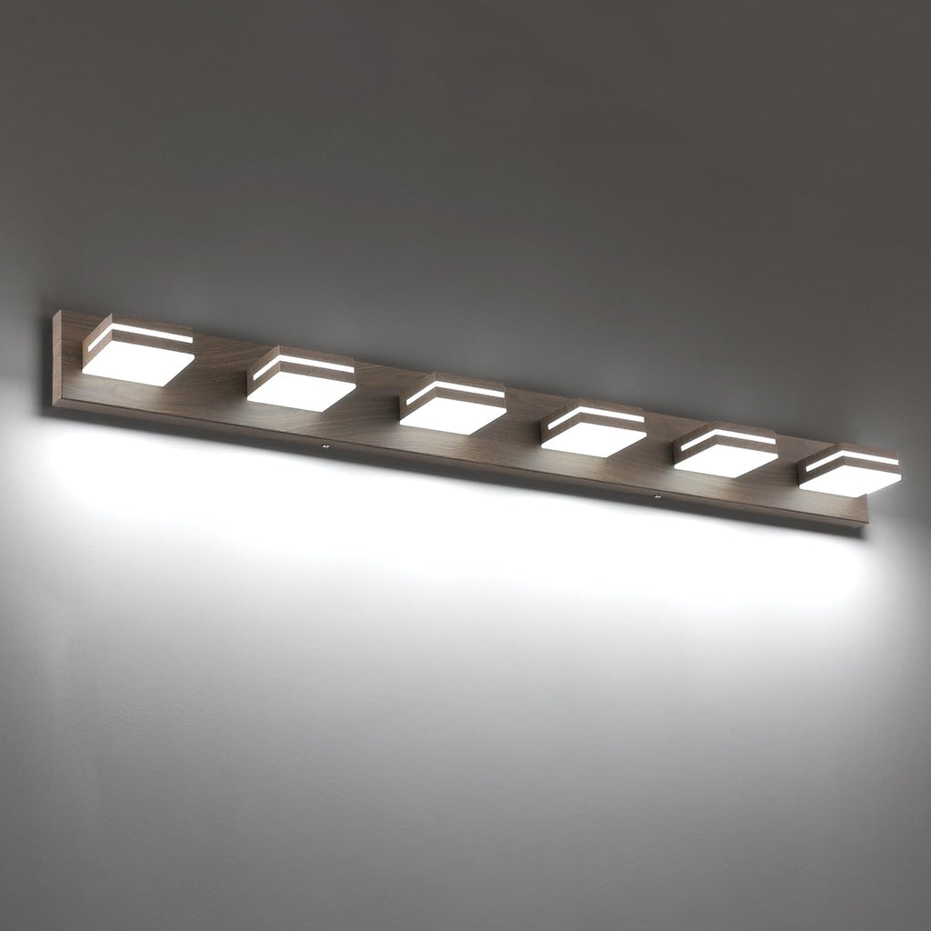 SineRise LED Modern Bathroom Vanity Light Fixtures (6-Light, 48-Inch, Dimmable), Brown Wood Painted Modern Acrylic Bathroom Wall Lighting Fixtures Over Mirror (Cool White 6000K)