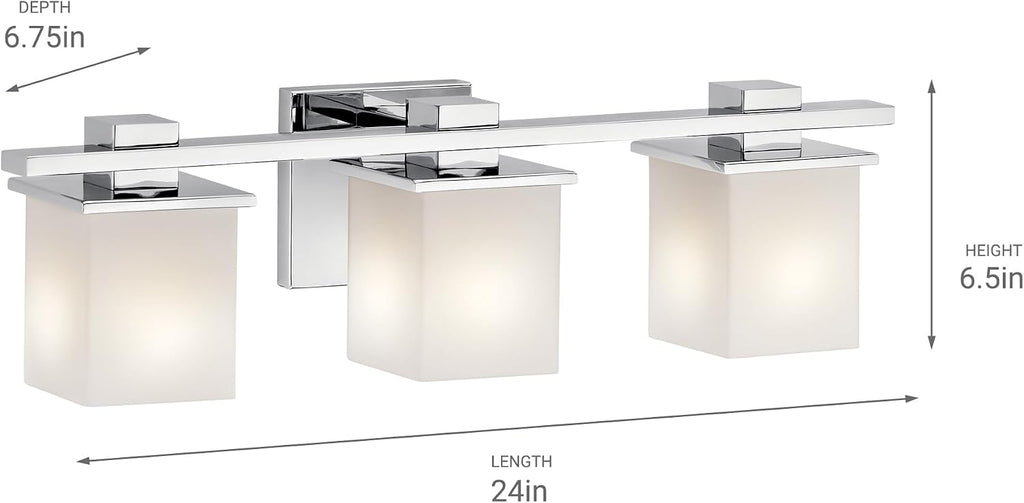 Kichler Tully 24' Vanity Light in Chrome, 3-Light Modern Bathroom Light with Satin Etched Cased Opal Glass, (24' W x 6.5' H), 45151CH
